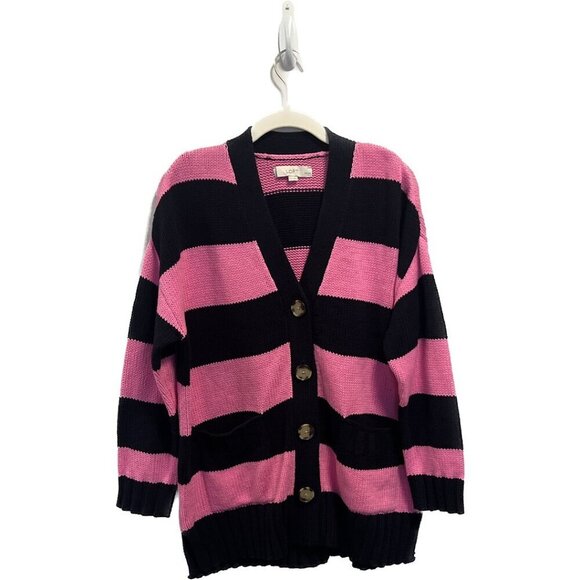 LOFT PETITE Striped Relaxed V Neck Pocket Cardigan PINK NAVY STRIPED OVERSIZED - Picture 1 of 6